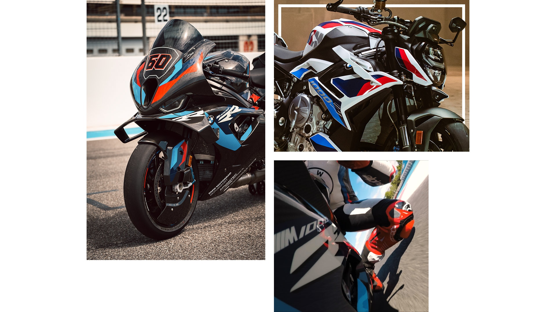 Collage de imágenes durante la conducción de la M 1000 RR y la M 1000 R.